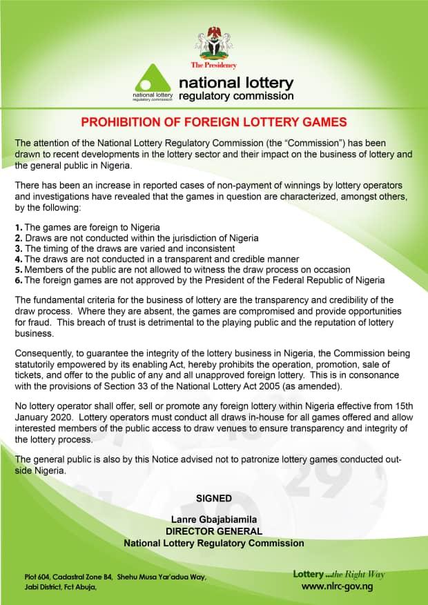 Prohibition of Foreign Lottery Games