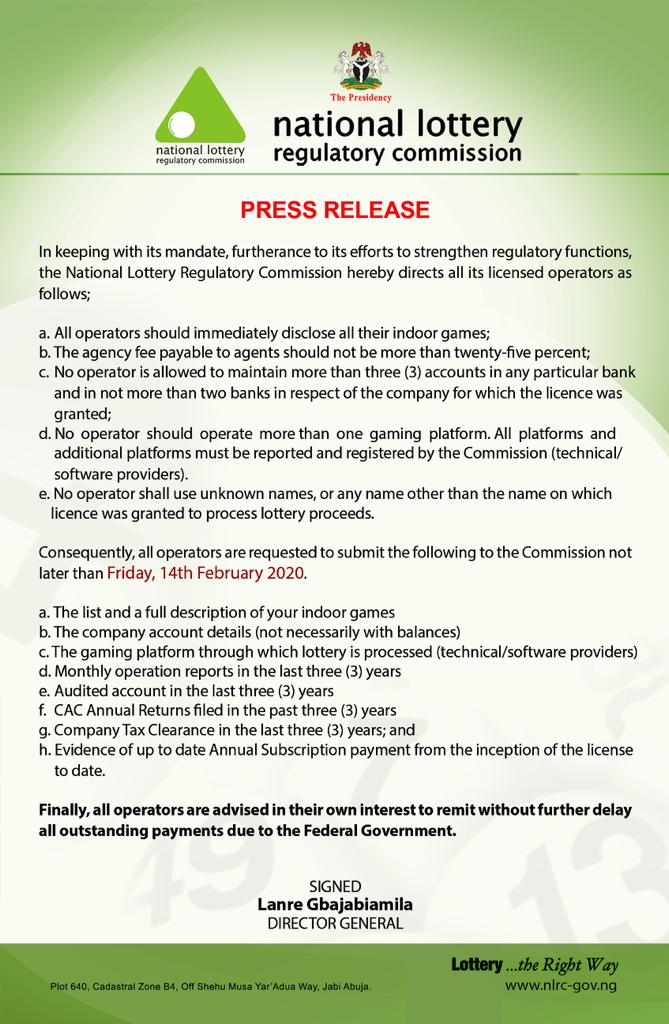 Notice to all Lottery Operators - Press Release