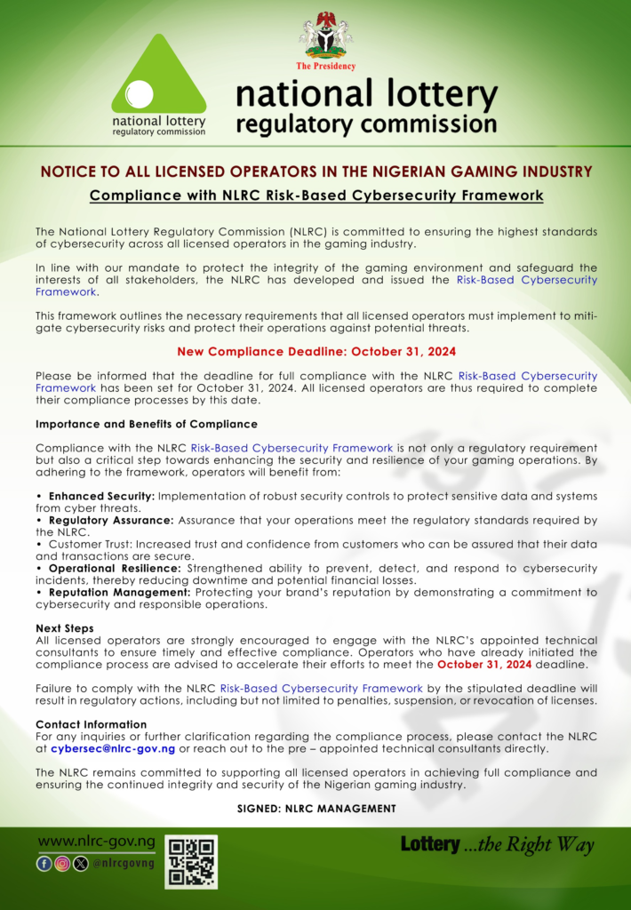 NOTICE TO ALL LICENSED OPERATORS IN THE NIGERIAN GAMING INDUSTRY 2024